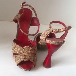 Strappy, High Heel Sandals. Cork & Red
